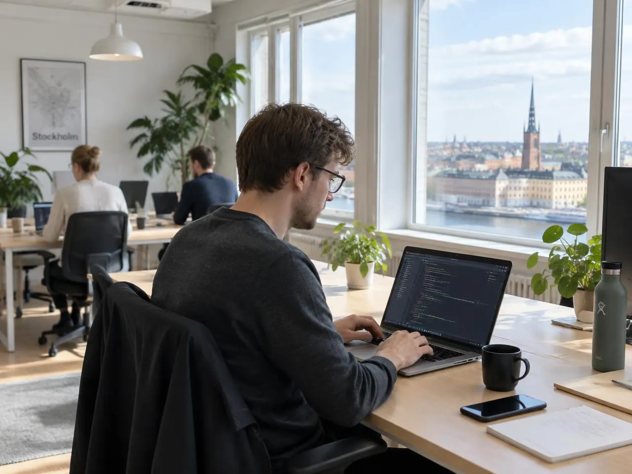 Utvecklare i ett ljust kontor i Stockholm